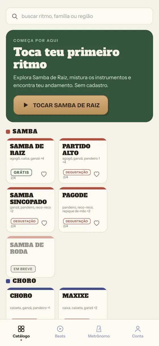 Tela do catálogo de ritmos do app